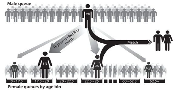 Illustration of males and females forming queues.